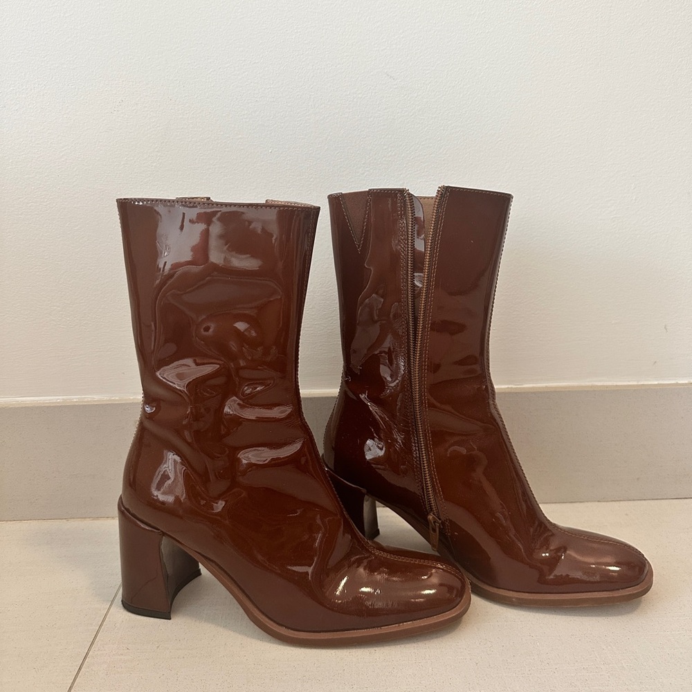 Miista Brown Patent Leather Ankle Boots